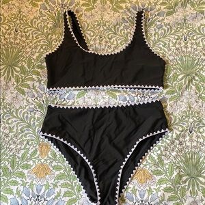 Black and White Trim High Waist Bikini Set